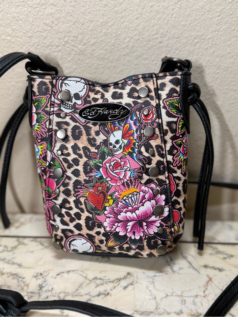 Ed Hardy Leopard Skull & Floral Mini Crossbody in Pink and Black